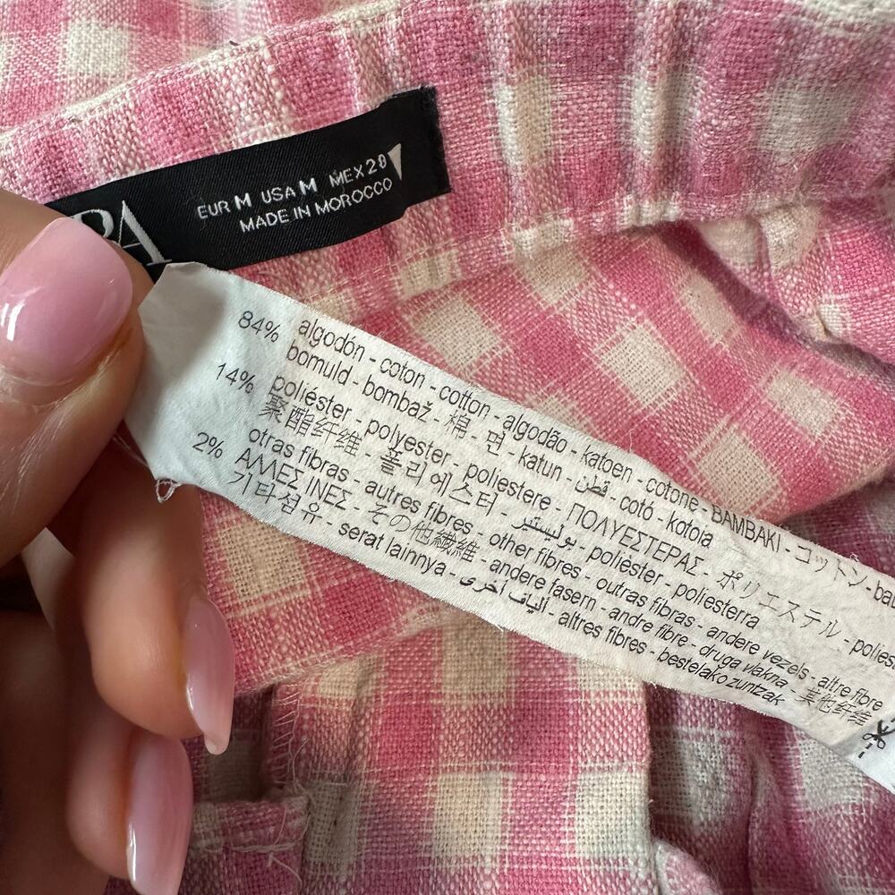 ZARA Full Length Gingham Plaid Wide Leg Pants High Rise Trouser Pink/ White - Picture 11 of 12